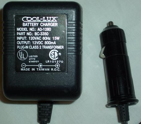 COOL-LUX AD-1280 AC ADAPTER 12VDC 800MA BATTERY CHARGER